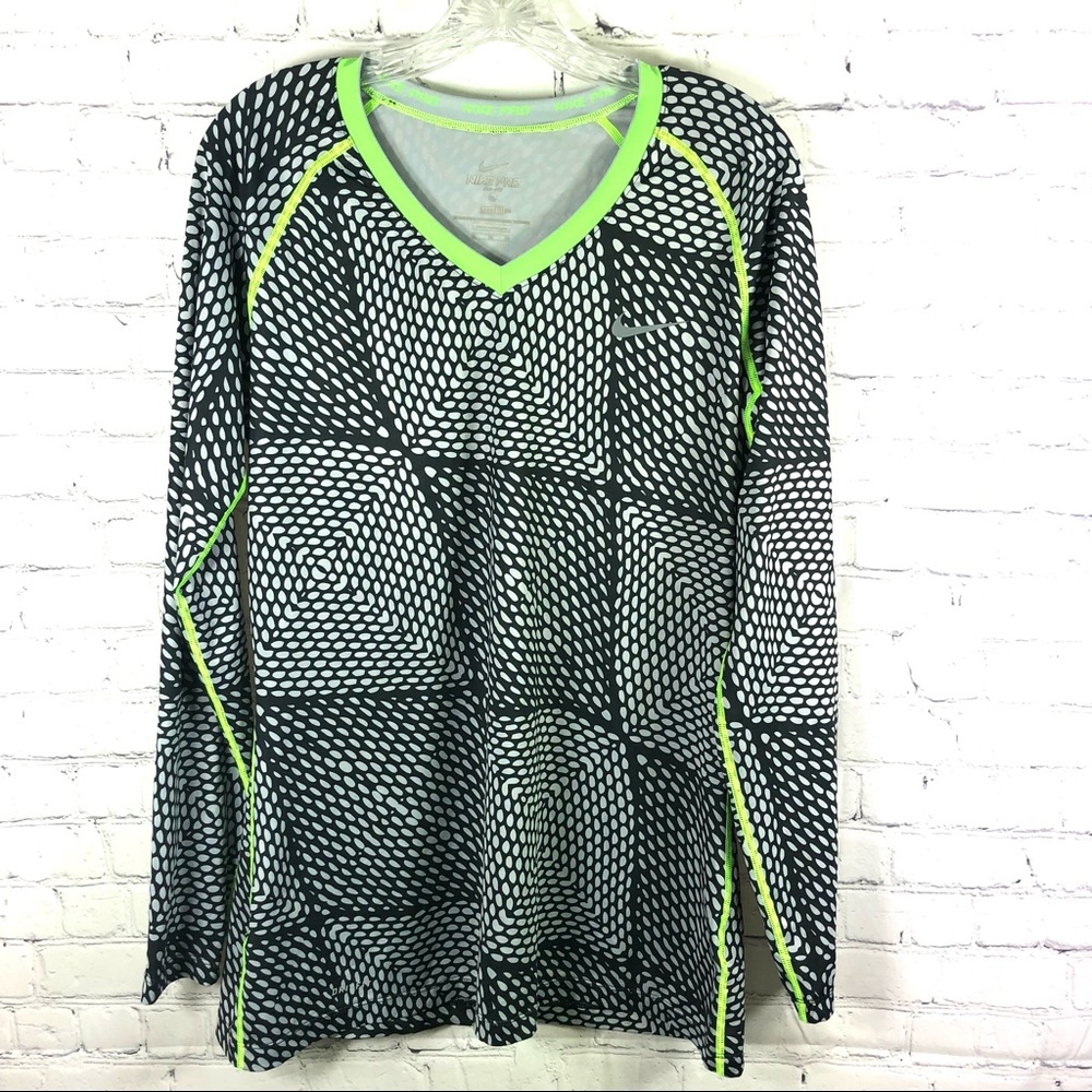 Nike Pro Dri-Fit Fitted Long Sleeve V-Neck Athletic Retro Print Workout Size XL